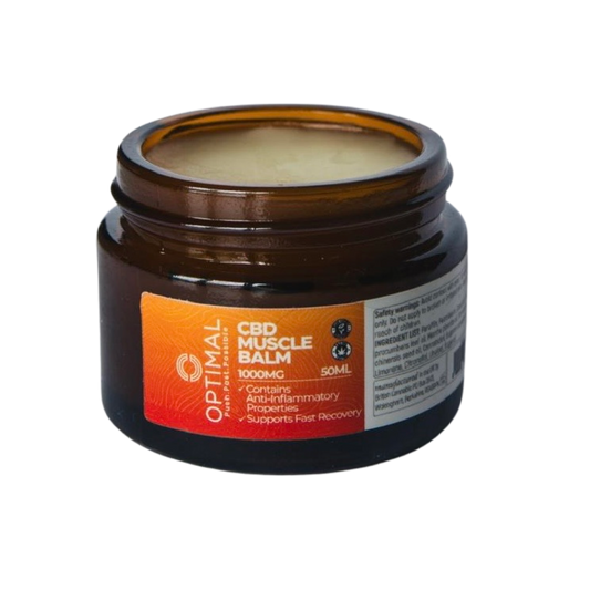 Open jar of Optimal CBD Muscle Balm 1000mg 50ml showing balm texture
