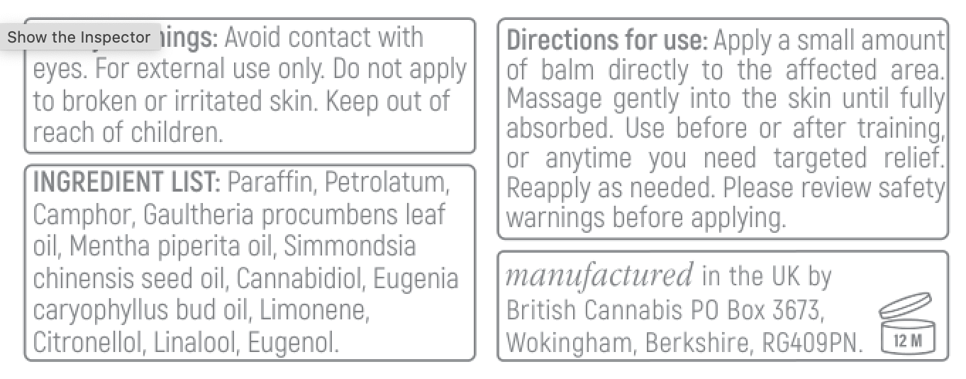 Optimal CBD Muscle Balm ingredients list, directions for use and safety information 